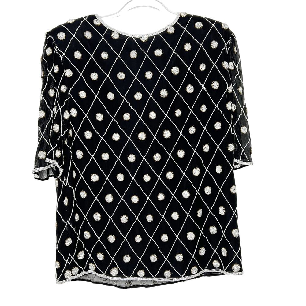 VINTAGE Beaded Short Sleeve Blouse Crew Neck Embellished Black White Size Large